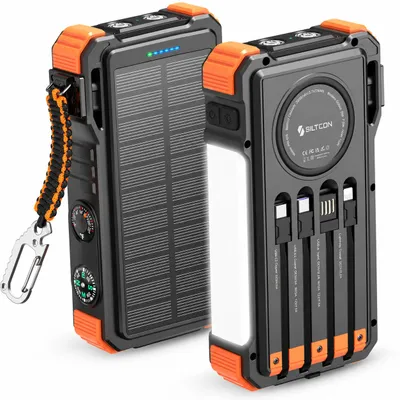 Produktbild von Siltcon Solar-Powerbank 20000 mAh – 15 W kabellos – 22,5 W Schnellladen – 4 integrierte Kabel – LED-Anzeige und Taschenlampe