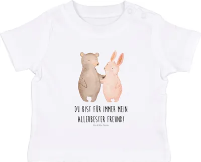 Produktbild von Mr. & Mrs. Panda Organic Baby Shirt Bär und Hase Umarmen 6. - 12. Monat - Weiß - Geschenk, Beste Freundin, Baumwolle, für Immer, Oberteil, Öko T-Shirt, Babyshirt, Freunde