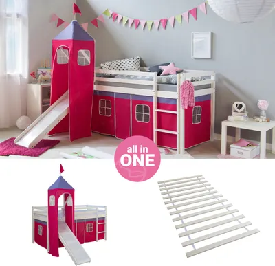 Produktbild von Homestyle4u Hochbett 90x200 mit Rutsche Turm Lattenrost Vorhang pink Kinderbett Weiß Holz Kiefer Massiv Jugendbett