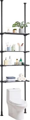 Zdjęcie produktu dla SucceBuy 4-poziomowa półka do przechowywania nad toaletą, regulowany organizer łazienkowy wykonany ze stali niskowęglowej, wysokość od 135 do 330 cm, łatwy montaż, oszczędność miejsca w małych pomieszczeniach
