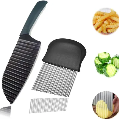 Produktbild von 2 Stück Wellenschneider Kartoffelme, Crinkle Cutter, Pommes Wellenmesser Edelstahl mit Schützendem, Scharfes, stabiles und leicht zu schneidendes Wellenmesser für Gemüse, Salat