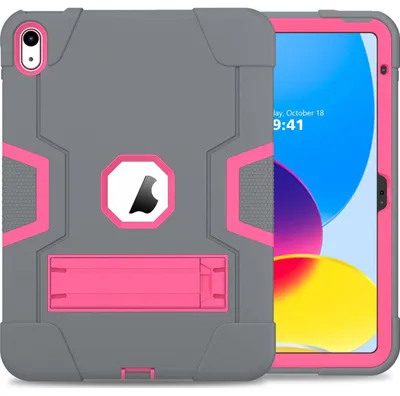 Produktbild von Mobigear ShieldStand iPad 10 (2022) Hülle, Kunststoff, Silikon, Rückseite mit Ständer - Rosa / Grau