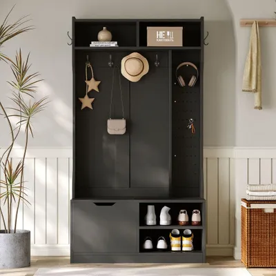 Produktbild von Garderobenständer - Kleiderständer - Garderobenleiste - Wandgarderobe - Freistehender Garderobenständer - Mit Sitzbank und 6 Haken