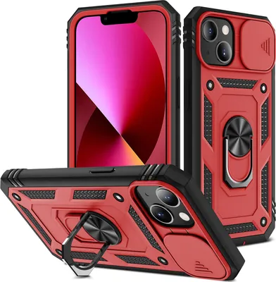 Immagine prodotto di Custodia per iPhone 14 protezione fotocamera scorrevole, resistente agli urti, con supporto ad anello, supporto e porta carte di credito rosso