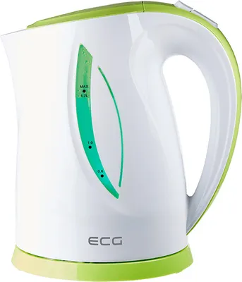 A white electric kettle with green accents and a water level indicator.