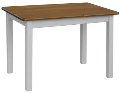 A simple wooden table with a brown top and white legs against a white background.