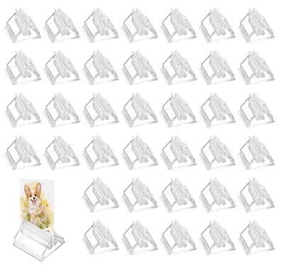 Image de Support de cartes en plastique - Lot de 100 supports de table transparents pour cartes de visite, photos et notes