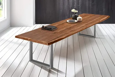Produktbild von XL-Esstisch 400x120 cm Bob, Akazienholz nussbaumfarben & massiv, Baumkantentisch mit U-Gestell aus Metall Silber, echte Baumkante, Platte 50mm