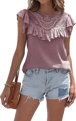 Image de ASKSA Chemise Femme Dentelle Tops Été Tunique Élégante Ruché Col Rond Chemise Manches Courtes, Violet, XL