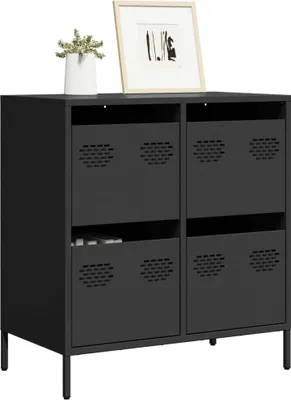 A black sideboard with four compartments, two on top and two on the bottom, is shown against a white background. A framed picture and a vase with greenery are placed on top of the sideboard.