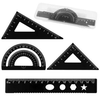 Zdjęcie produktu dla Zestaw linijek metalowych, 15 cm, z łukomierzem 45° i 60°, oraz z trójkątem do rysowania, przeznaczony do architektury i geometrii