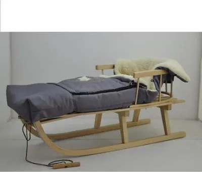 Produktbild von Holzschlitten Kinderschlitten aus Buchenholz Rückenlehne Zugseil + Winterfußsack Schlittensack Fußsack Grau Schlitten Kinderwagen