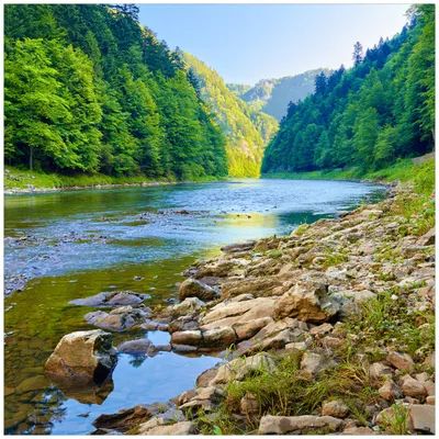 Produktbild von Wallario Premium Glasbild, freischwebende Optik, kräftige Farben, Größe 50 x 50 cm Motiv Fluss in den Bergen an steinigem Ufer