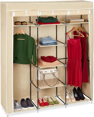 Produktbild von Famanu Stoffen Kleiderschrank mit 9 Regalen - 2 Kleiderstangen - 173x148x43 cm - beige