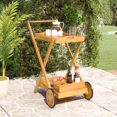 Produktbild von Teewagen aus massivem Akazienholz mit Stauraum und Flaschenhalter, rollbar, 54x87x90 cm, für Küche und Esszimmer