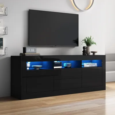 Productafbeelding van TV-meubel, hoogglans, 160x35x60, met LED-verlichting, 3 open vakken, 2 deuren, 2 lades, bediening via app, geschikt voor een 70-inch televisie