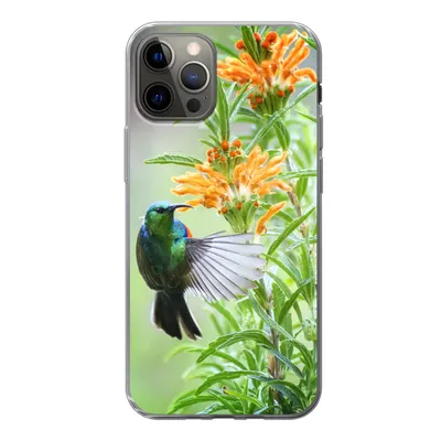 Produktbild von MuchoWow® Handyhülle Schutzhülle Hülle für iPhone 13 Pro Nahaufnahme eines bunten Vogels neben Pflanzen mit orangefarbenen Blüten Silikon Softcase Handy Hülle - Handy-Tasche