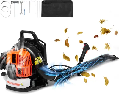 A leaf blower with leaves blowing out of the nozzle, shown against a white background. Accessories are displayed at the top.