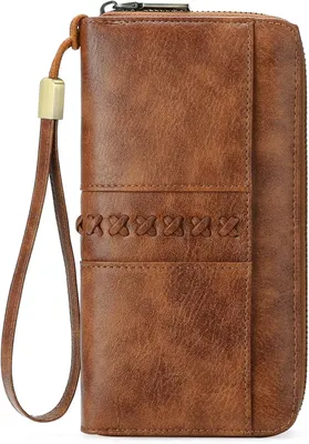 Produktbild von Geldbörse Damen Groß Vintage Leder Portemonnaie mit RFID Schutz, 12 Kartenfächer, Reißverschluss, Handgelenkriemen, Langformat, Elegant & Praktisch