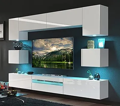 Produktbild von Furnitech Wohnwand Wohnzimmer - Wohnzimmer Möbel mit LED Blau - Wohnzimmer Schrankwand(Besta GAN1-17W-HG21 1B)