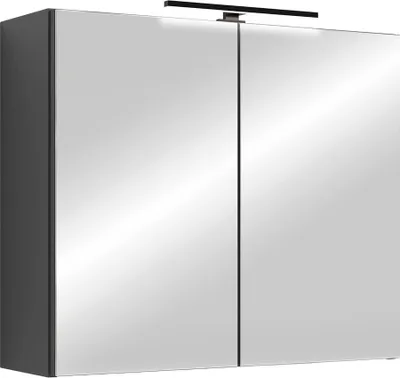 A modern, mirrored medicine cabinet with a black light fixture above it, set against a white background.