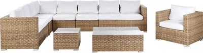 Produktbild von BELIANI Gartenmöbel Set Hellbraun Rattan u. Aluminium Modular mit 2 Couchtischen Mehrere Kissen Cremeweiß 8-Sitzer Lounge Set Terrasse Outdoor Modern