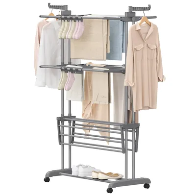 Produktbild von SONGMICS Wäscheständer, Standtrockner 4 Ebenen, Flügelwäscheständer, klappbar, rollbar, Sockenhalter, 63,5 x 128 x 173 cm, grau