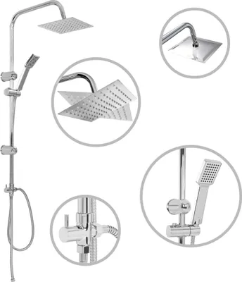 A collage of close-up shots and a full view of a chrome shower set.
