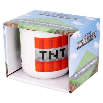 Imagen del producto de Taza de cerámica con diseño de TNT de Minecraft, ideal para té o café, presentada en una caja de regalo