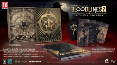 Marketing image for Vampire: The Masquerade – Bloodlines 2 Premium Edition, showing the game box, expansion pass details, and bonus pre-order items.