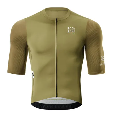 Productafbeelding van ROCKBROS Heren fietsshirt, korte mouwen, ademend, met zakken, geschikt voor mountainbike, racefiets en hardlopen, olijfgroen, Europese maat L