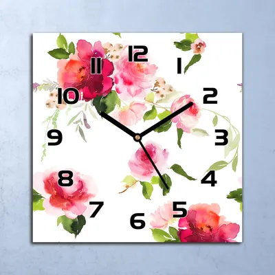 Produktbild von Wanduhr Echt-Glas-Küchenuhr Aquarell Blumen Quarz Lautlos 30x30 Deko Bilder