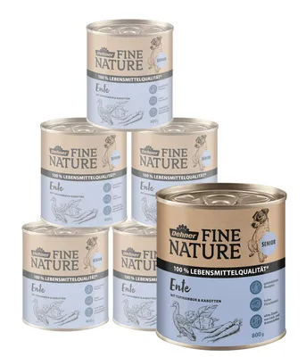 Produktbild von Dehner Fine Nature Hundefutter, Nassfutter in Lebensmittelqualität, für ältere Hunde, Ente, 6 x 800 g Dose (4.8 kg)