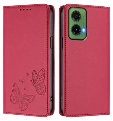 Produktbild von Lederhülle für Motorola Moto G35, Schmetterling Prägung Leder Brieftasche Schutzhülle mit Ständer Rot