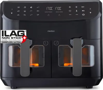 Produktbild von MEDION® Heißluftfritteuse P20 XXL, Doppelkammer, 8,7 Liter, 2.600 Watt, Schwarz, Metall, Sichtfenster, Dual Cook & Sync-Finish Funktion, Antihaftbeschichtung, Antirutschboden, Überhitzungsschutz, Abnehmbare Schüssel, Digital-Timer, Eingebautes Display, Signalton Vorheizfunktion, Maße: 400x410x330 mm (BxTxH), Temperaturbereich: 50-200°C, Touch-Bedienung