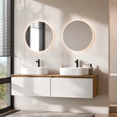 Produktbild von ARISA Doppelwaschtisch 160 cm in Weiß mit 2 LED Spiegel NOVA 60 cm und 2 weißen Keramik-Aufsatzwaschbecken 55 cm