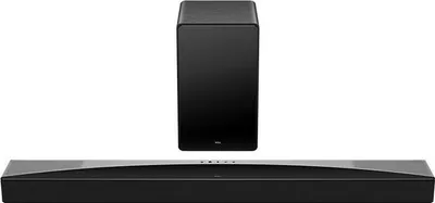 A black soundbar and subwoofer are displayed against a white background.