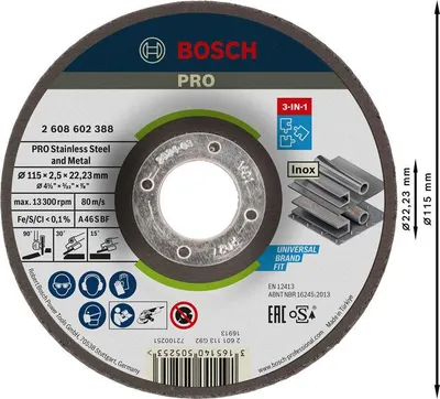 Obrázek produktu pro Bosch 2 608 602 388, Řezací disk, S prohlubní, Nerezová ocel, Bosch, 2,22 cm, 11,5 cm