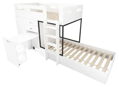 Obrázok produktu pre Detská postieľka – viacúčelová poschodová posteľ – 90 x 200 cm – výsuvný písací stôl – šatník, zásuvka a poličky – bezpečnostné rebrík – drevo – biela farba