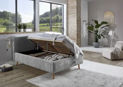 Produktbild von Meise Möbel Stauraumbett Mattis 120x200 cm | Bettkasten & Lattenrost (Federholzrahmen) | Strukturstoff Grau | Holzfuß eichefarbig