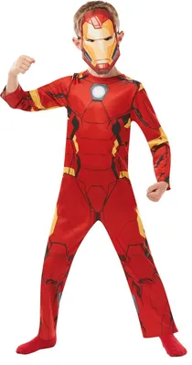 A child wearing an Iron Man costume, posing with one arm flexed.