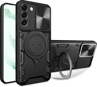 Immagine prodotto di Custodia per Samsung Galaxy S22+ 5G a doppio strato con copertura della fotocamera e supporto ad anello nero