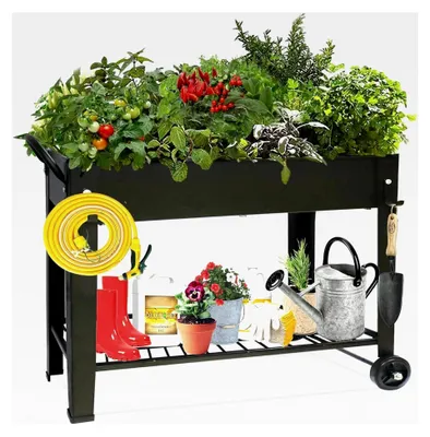 Produktbild von Hochbeet, Stehender Pflanzkasten, Blumenkasten mit Ablageboden, Kräuterbeet, Hochbeete-Kit aus Metall, Pflanzbeet für Garten, Balkon und Terrasse, 100 x 28 x 80 cm, Rechteckig, Schwarz