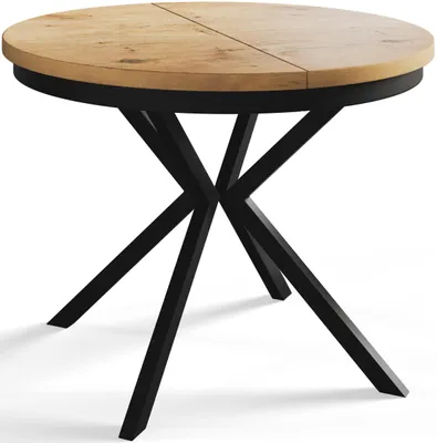 Image de AlpiMeble Table de salle à manger ronde BERGO, table extensible, diamètre : 90 cm/170 cm, table de salon, couleur : marron clair, avec pieds en métal de couleur noire