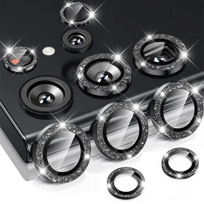 Produktbild von Für Samsung Galaxy S24 Ultra Aluminium Glitzer Ring Kamera + H9 Tempered Hart Glas Schwarz