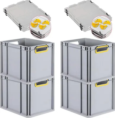 Produktbild von SuperSparSet 4x Eurobox NextGen Color mit Auflagedeckel und Schiebeschnappverschlüsse | HxBxT 32x30x40cm | 30 Liter | Grau | Griffe gelb offen | Glatter Boden | Eurobehälter, Transportbox, Transportbehälter, Stapelbehälter
