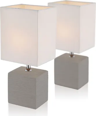 Produktbild von Nachttischlampe 2er Set Braun Lampenschirm Tischlampe Stoff Weiß Keramik eckig