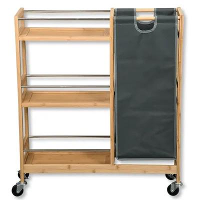 Immagine prodotto di Carrello a nicchia KESPER con raccoglitore di bottiglie, scaffale da cucina - bambù  - 68x20x78cm - con 3 ripiani, contenitore estraibile e rotelle - modello 2485713
