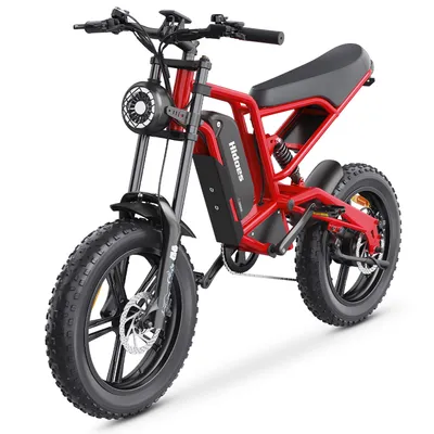 A red electric bicycle is shown against a white background.