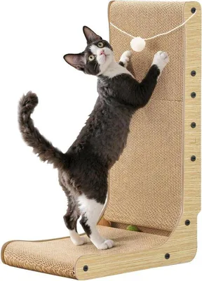 Image de Griffoir pour grands chats avec peluche et boules d'herbe à chat, en forme de L, 68 cm, carton pour chats, protection des meubles